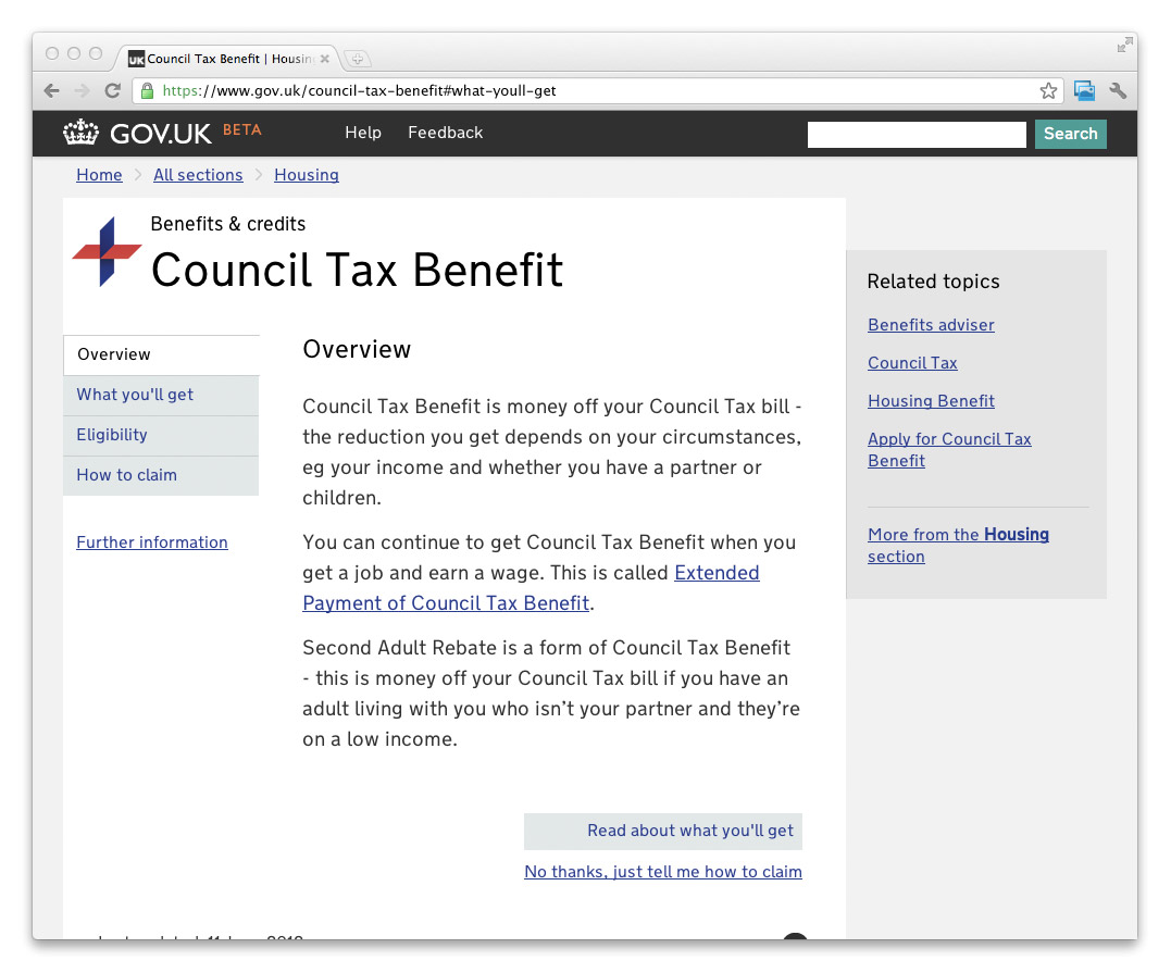 Screenshot of how navigation looks in Council Tax Benefit after the change (navigation tabs removed from the top of the content and placed to the left)