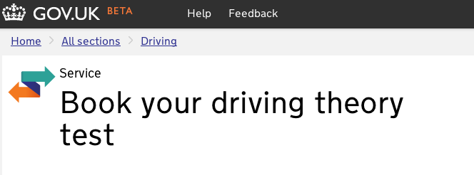 Screenshot of the driving test page showing the new Home link beneath the GOV.UK masthead with link incorporated