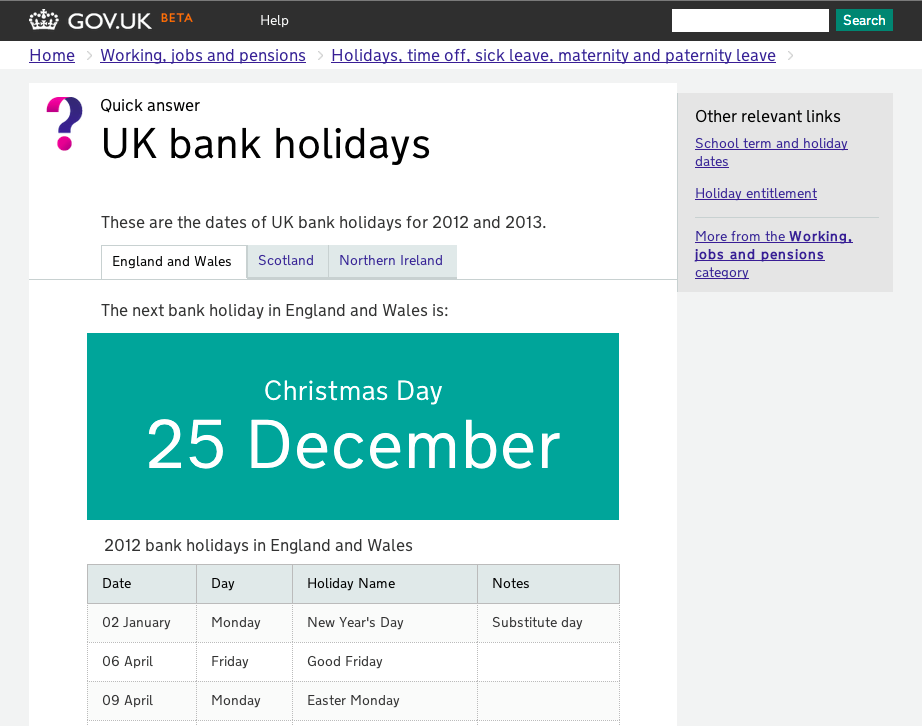Bank Holidays page