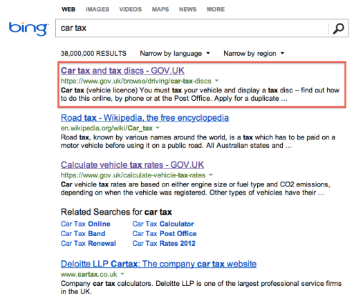 Screen Shot of how GOV.UK ranks in Bing for car tax