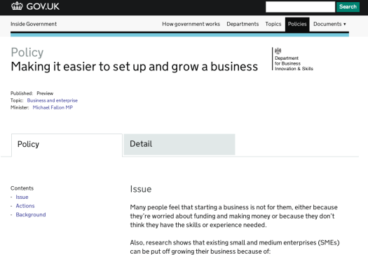Screenshot of BIS policy on GOV.UK