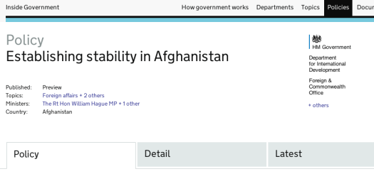 Government policy on establishing stability in Afghanistan