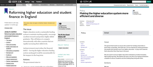 Higher Education policy page a year ago and today