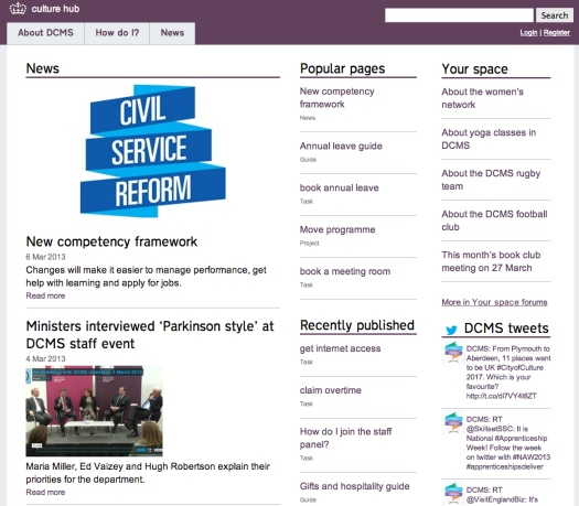 Homepage of the new DCMS intranet