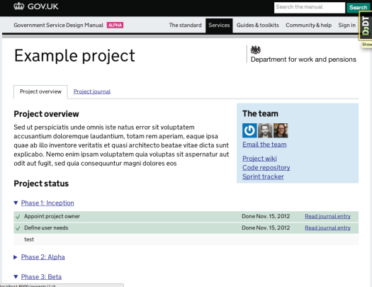 Screen shot of example project page