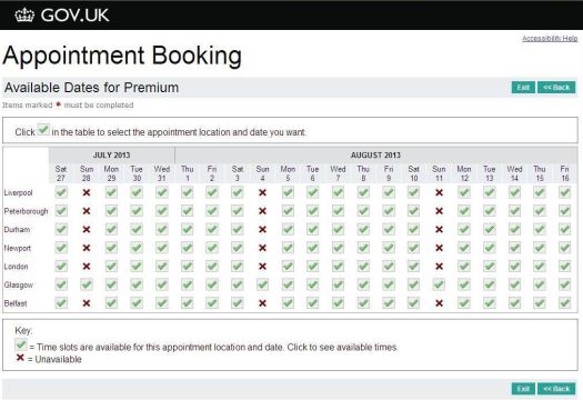 Screen shot of the current appointment booking page