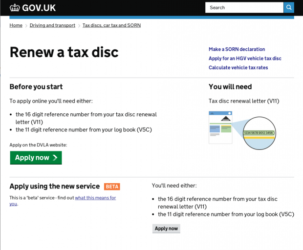 Screen Grab of new tax disc start page with beta link