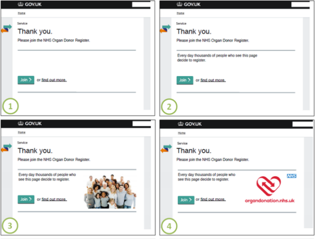 Variants of Done page for organ donation 1 to 4