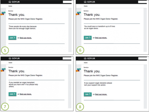 Variants of Done page for organ donation 5 to 8