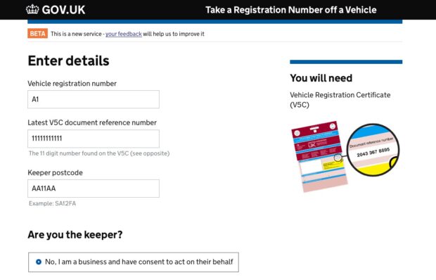 Take a registration number off a vehicle