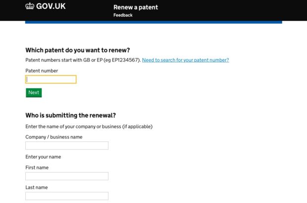 Renew patent service screenshot