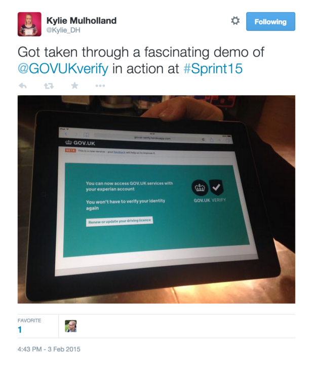 Got taken through a fascinating demo of  @GOVUKverify in action at #Sprint15 