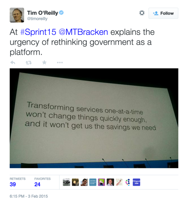 At #Sprint15 @MTBracken explains the urgency of rethinking government as a platform. 