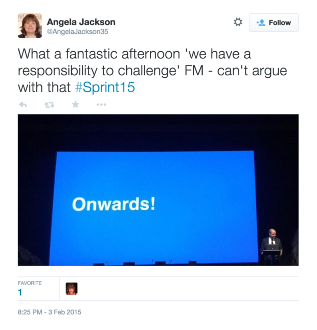 What a fantastic afternoon 'we have a responsibility to challenge' FM - can't argue with that #Sprint15 