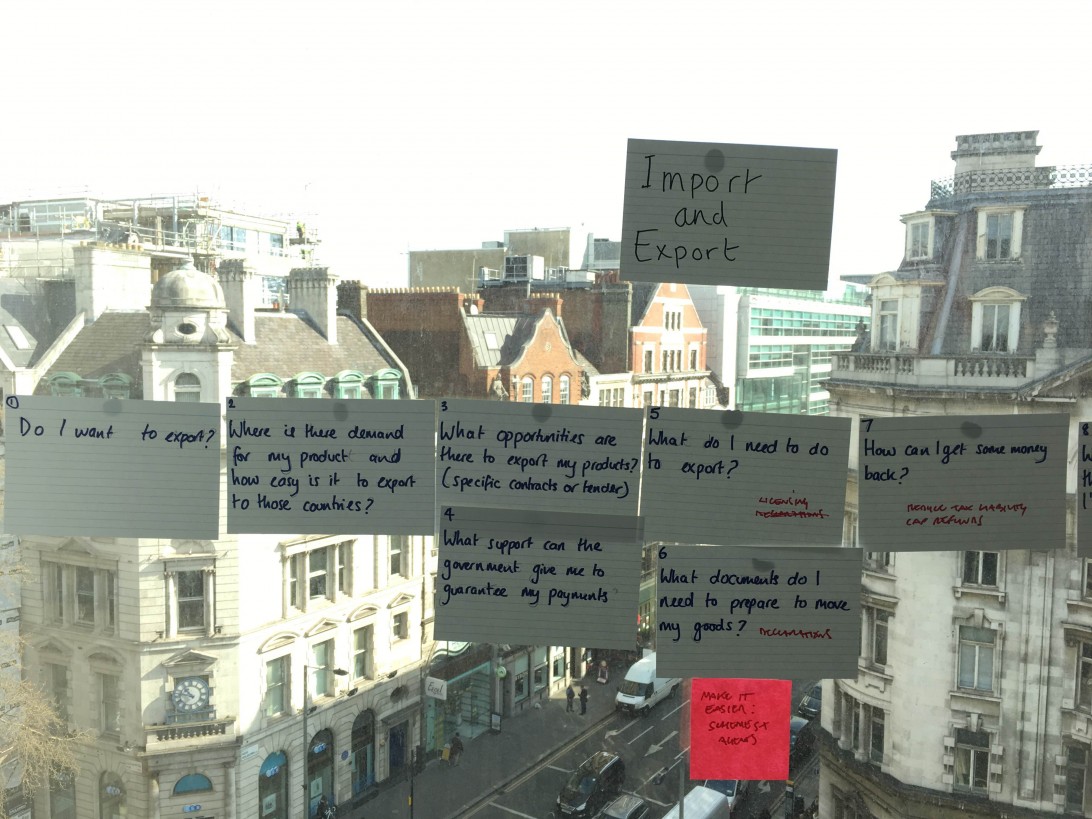 Sticky notes on a window - view of Holborn in the background. Notes are asking questions about import and export