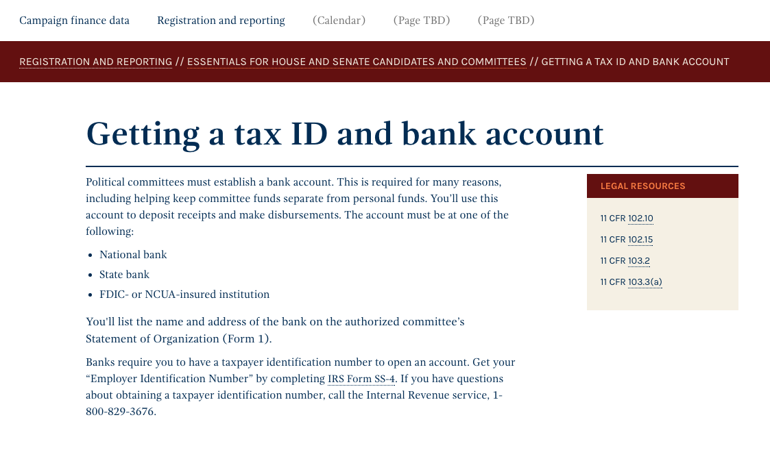 Screen Shot of the Getting a tax ID and bank account page on the US Federal Election Commission’s website.