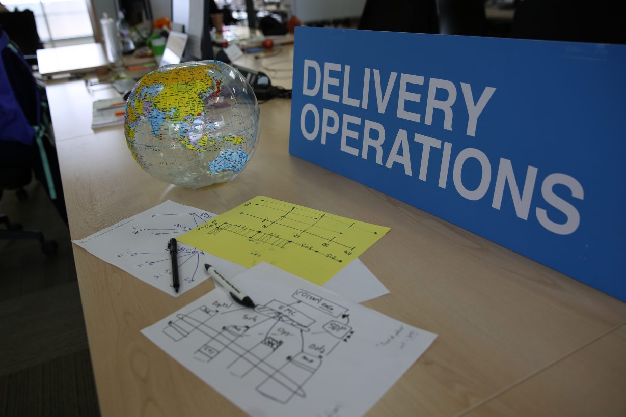 photo of a desk with Delivery Operations sign on it