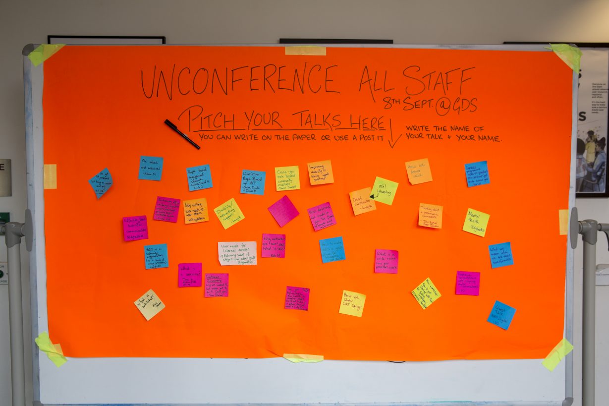 The board we put out for Unconference ideas, with sticky notes on it