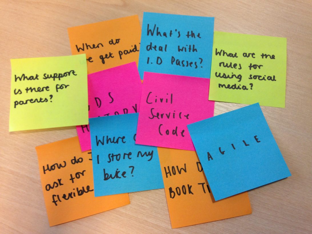 Sticky notes of questions new starters may have