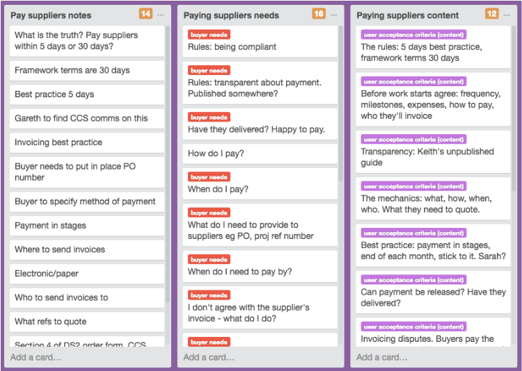 Trello board showing user needs and user acceptance criteria columns