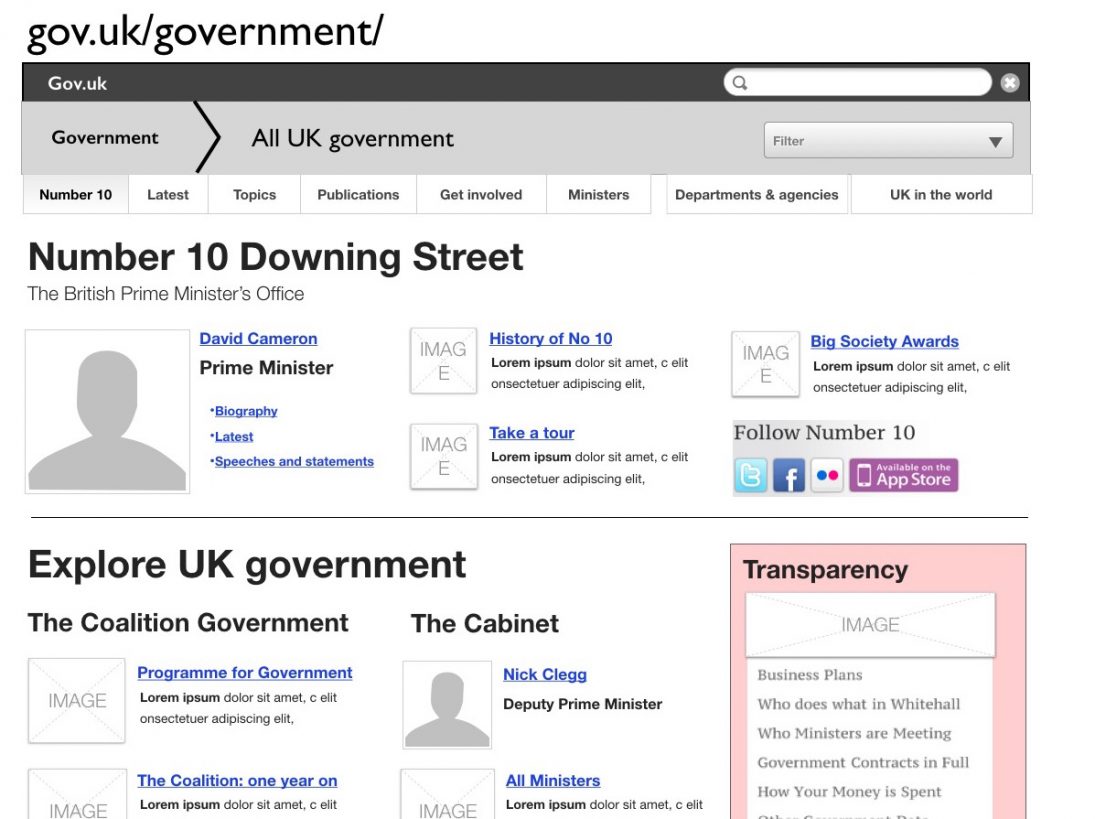 Screenshot of early wireframe mockups for GOV.UK navigation.