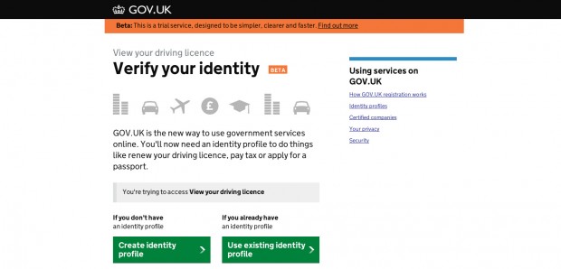 Early screenshot of identity assurance project in beta, which later became GOV.UK Verify. Screenshot of the ‘View your driving licence’ page asking you to verify your identity.