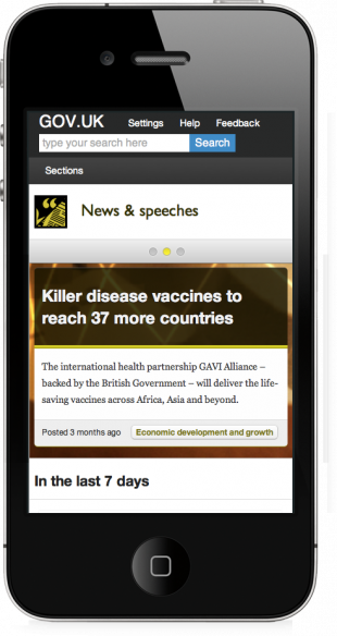 Mock-up of an iPhone 4 with the GOV.UK beta news section on it.