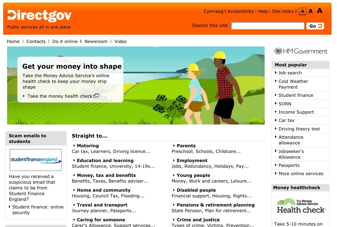 Screenshot of Directgov home page from 2011.