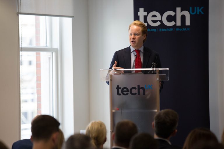 Photo of Minister for the Cabinet Office Ben Gummer speaking at the techUK event, September 2016.