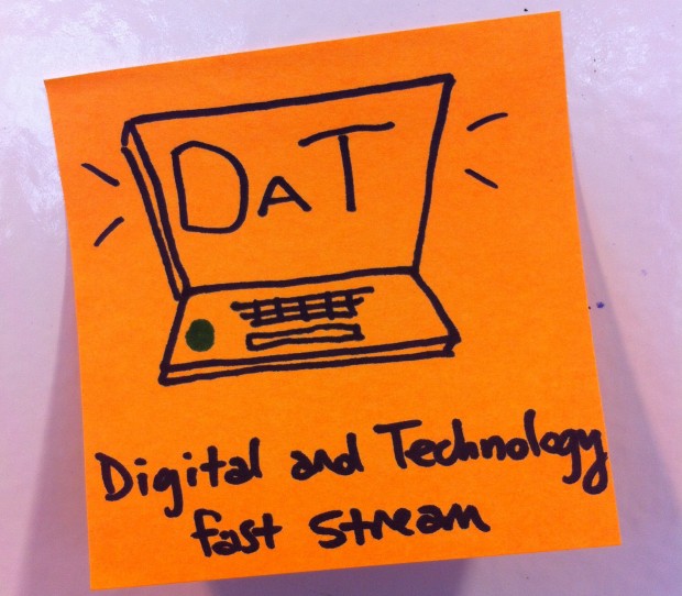 A sticky note with a drawing of a laptop computer and the words 'DaT: Digital and Technology Fast Stream'