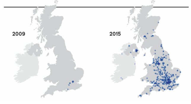 Maps showing growth in government suppliers between 2009 and 2015