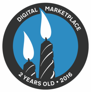 Sticker showing two lit candles and the words: “Digital Marketplace, 2 years old, 2016.”