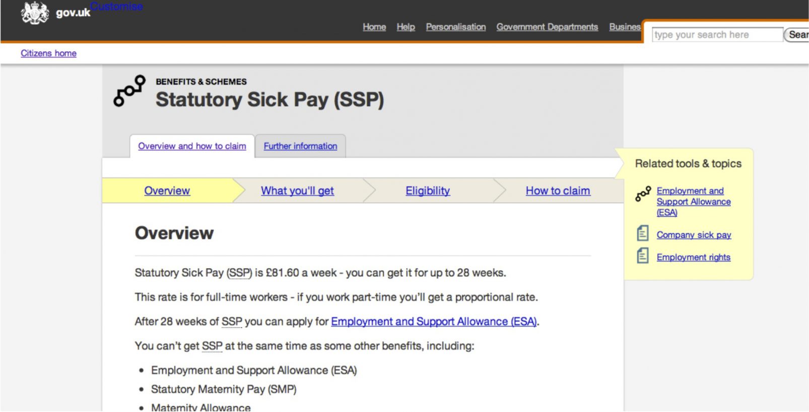 Another prototype page for the GOV.UK beta, this shows the page for Statutory Sick Pay (SSP)
