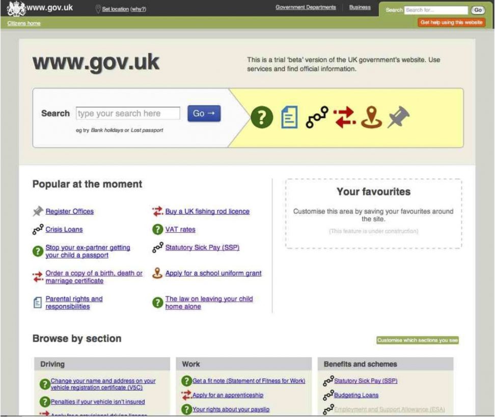 An early prototype for the GOV.UK beta homepage