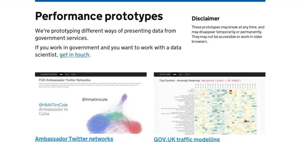 Screenshot of Performance prototypes page