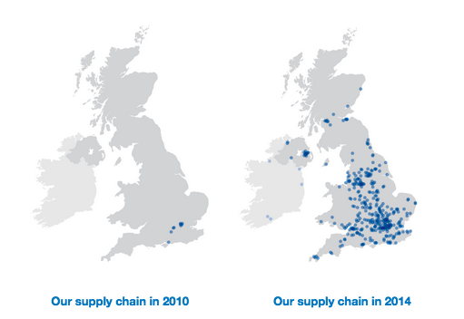 Map showing UK government supply chain changes from 2010 to 2014