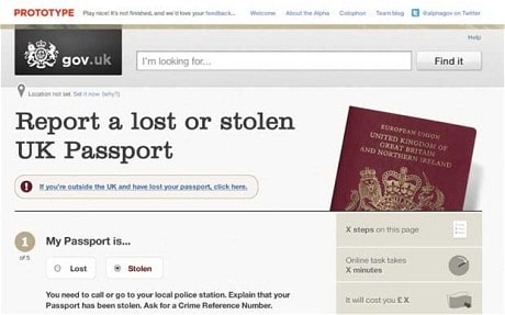 Prototype alpha page showing how you report a lost of stolen UK Passport.