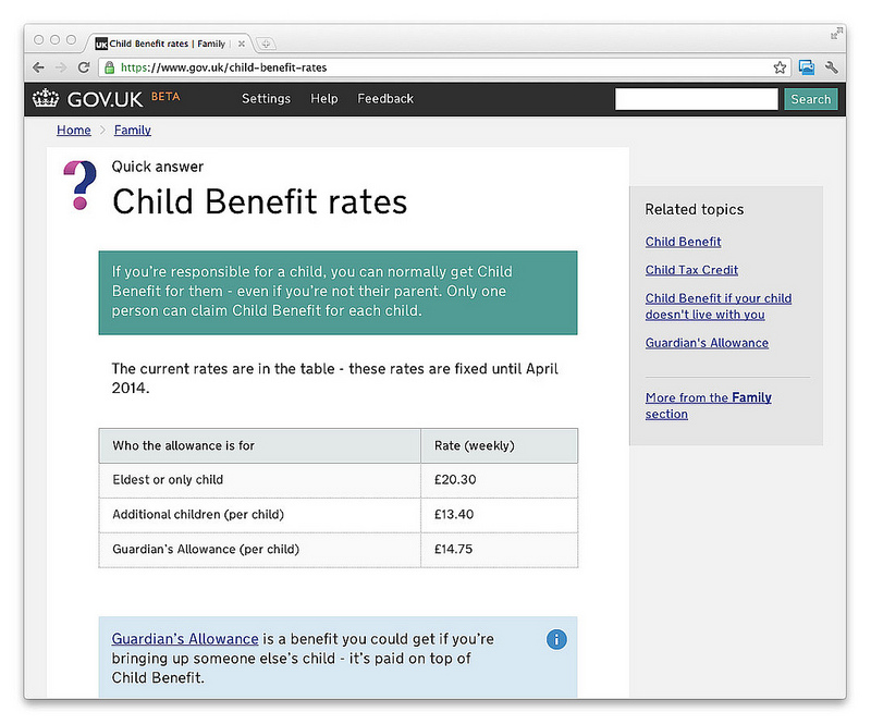 Screenshot of the Child Benefits rates information page on the GOV.UK beta, with new typography rules applied.