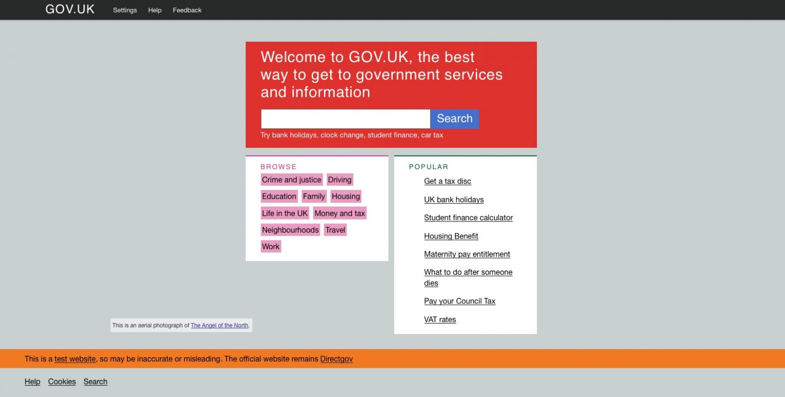 Screenshot of the GOV.UK beta homepage from February 2012. 