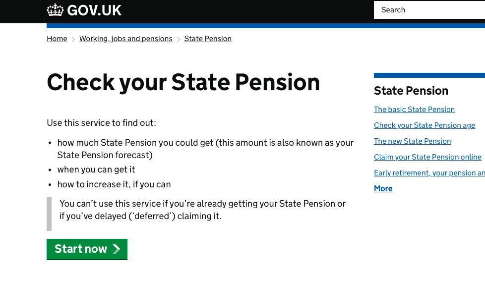 Screenshot of Check your State Pension service on GOV.UK.