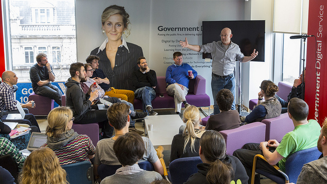 Clay Shirky addressing a small audience at GDS