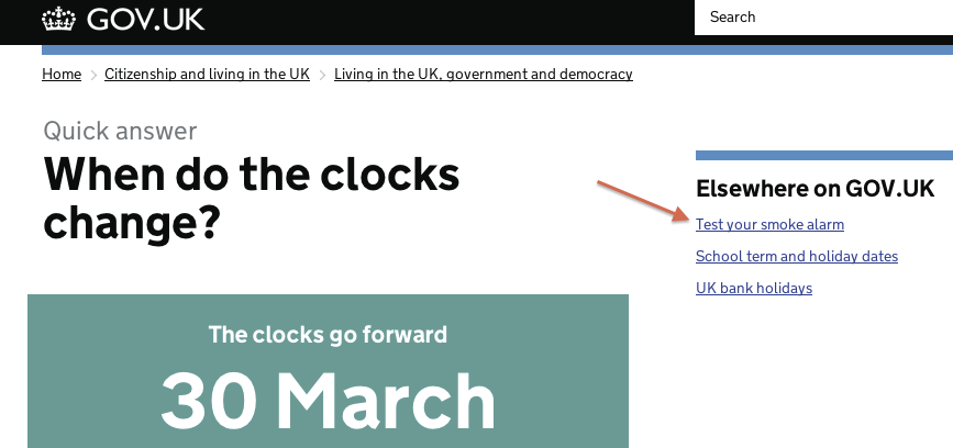 Screenshot of “When do the clocks change?” page on GOV.UK, highlighting experimental “Test your smoke alarm” link