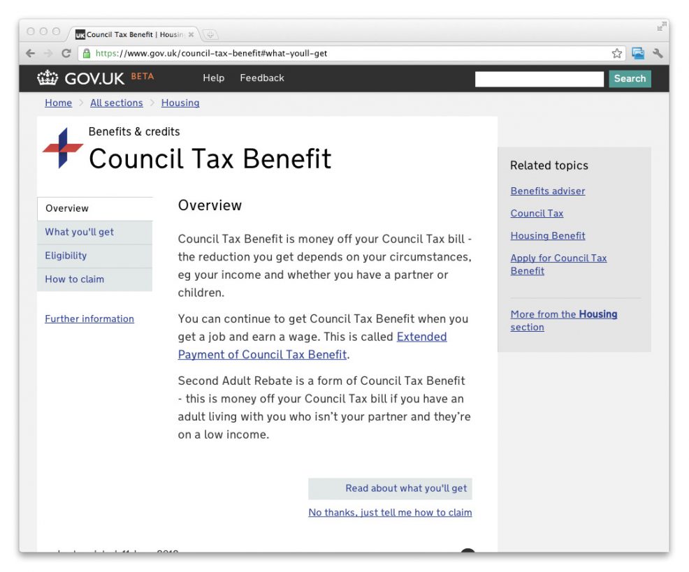 Screenshot of a further iteration of the GOV.UK beta. This shows the Council Tax Benefit page.