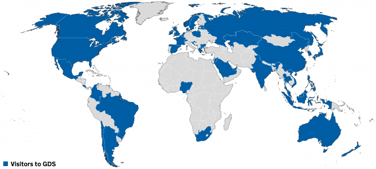 A map showing countries that have sent visitors to GDS, as of August 2016.