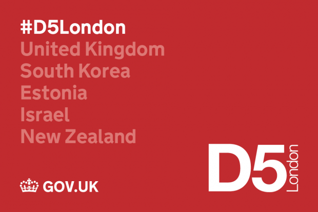 D5 event logo including list of participating countries (United Kingdom, South Korea, Estonia, Israel, New Zealand)