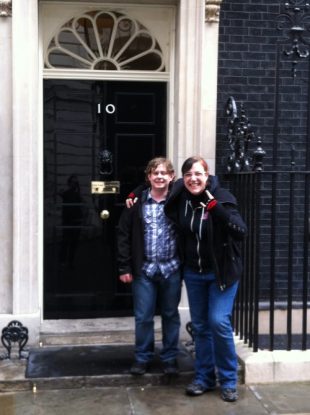 Developers Dafydd Vaughan and Mazz Mosley outside the door to 10 Downing Street.