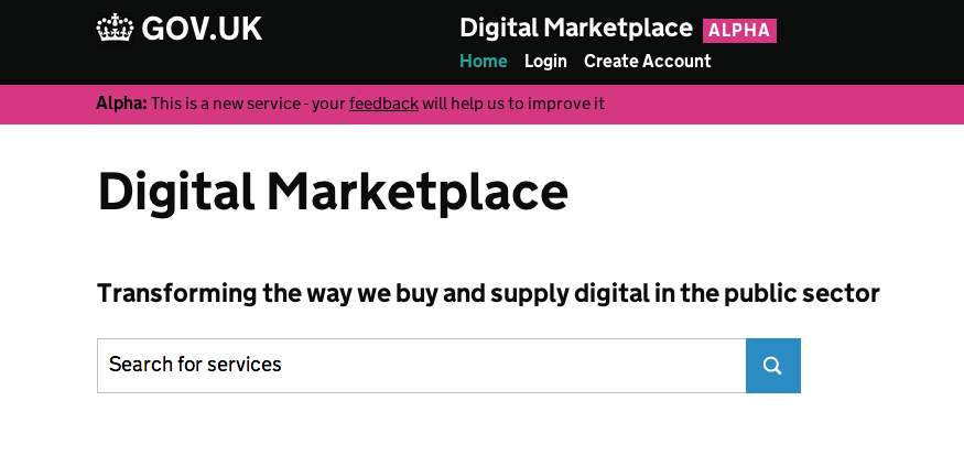 Screenshot of the early Digital Marketplace alpha home page.