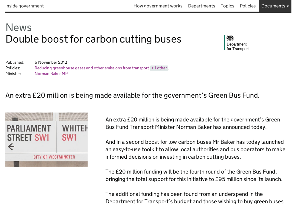 Screenshot of Inside Government from November 2012. This page is a news article from the Department for Transport, about reducing greenhouse gases. 