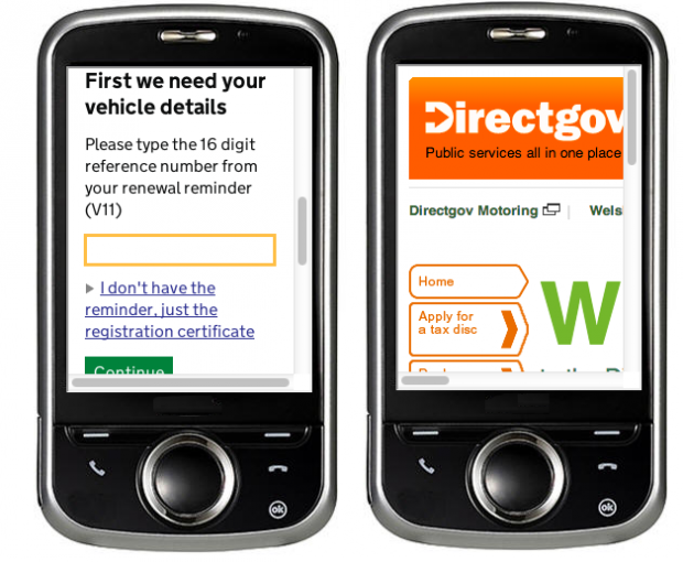 Screenshot comparing the GOV.UK and Directgov versions of the DVLA web pages on a mobile device.