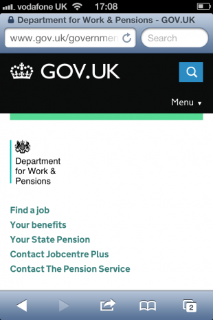 Screenshot of the DWP home page on an iPhone in September 2013.